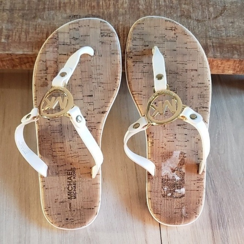 Michael Kors Sandals Womens 36M White Gold Logo Cork Thong‎ Flip Flops